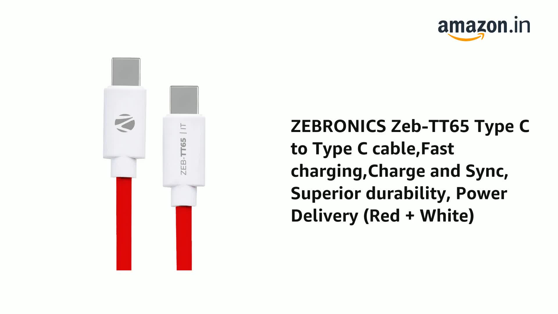 ZEBRONICS Tt65 Type C to Type C Cable, 65W PD, 1 Meter